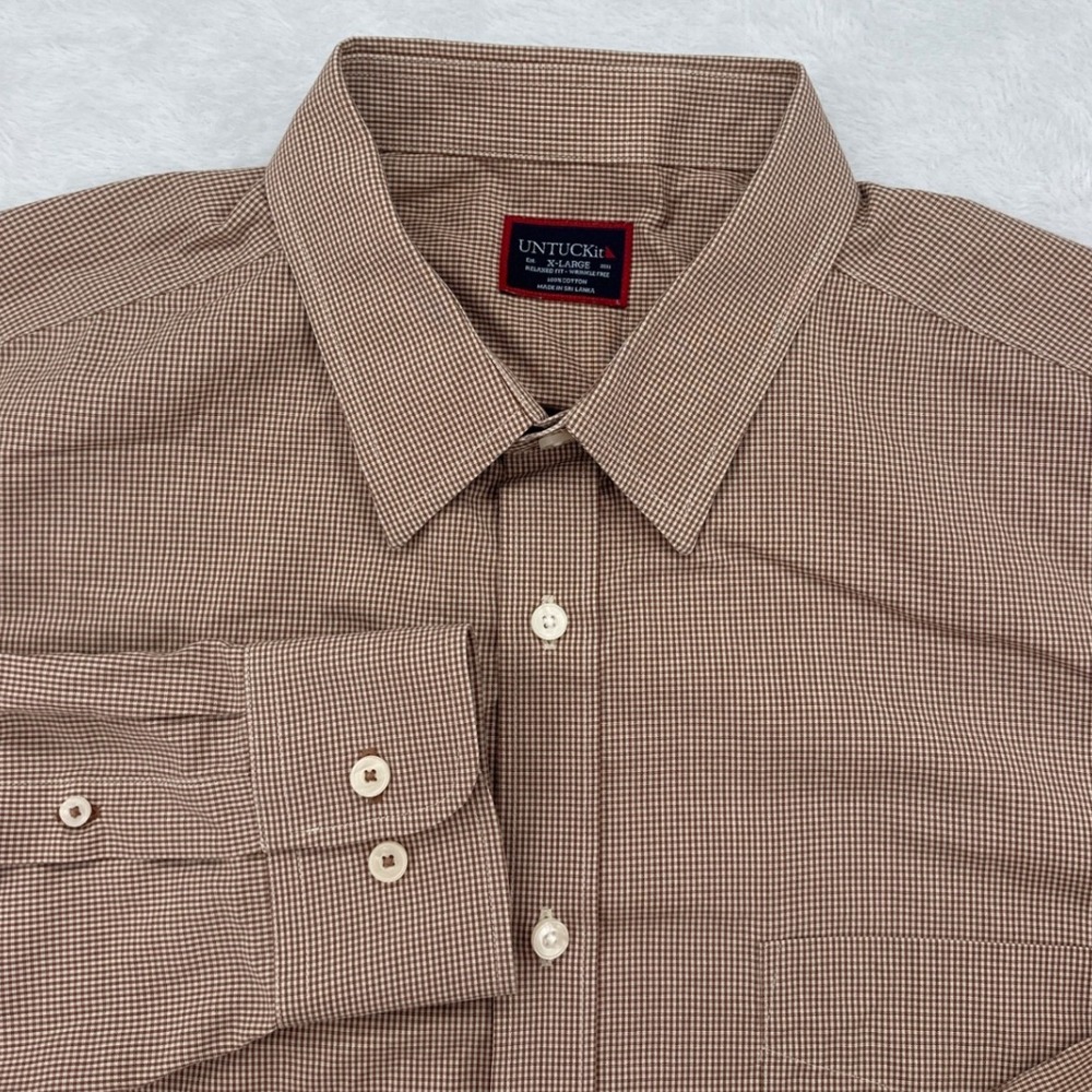 UNTUCKit Mens Button‎ Down Shirt XL Tan Micro Check Relaxed Fit Marcasin